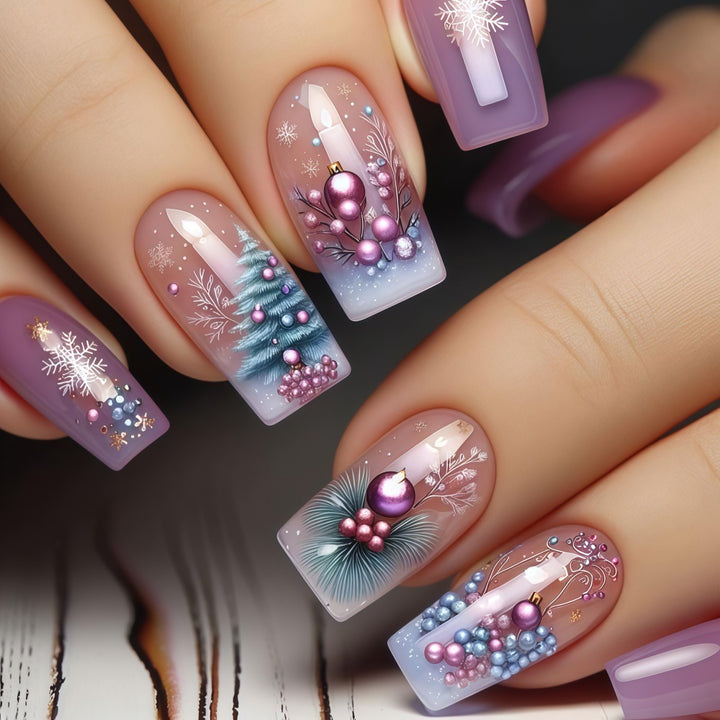 Artificial nails in festive winter design Bowlift