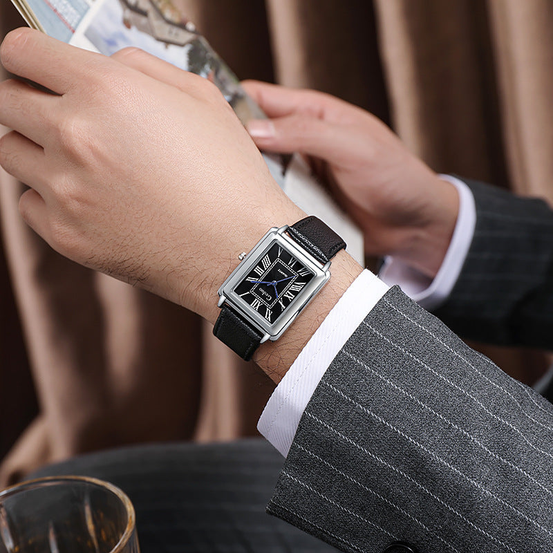 Rectangular Vintage Roman Dial Leather Dress Watch Bowlift