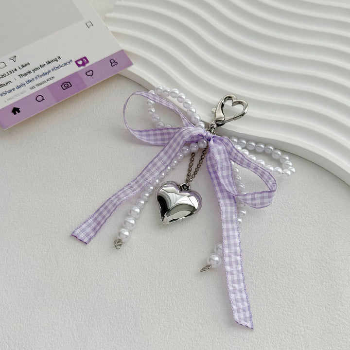 Heart-Shaped Charm Keychain with Pearls and Bow Bowlift