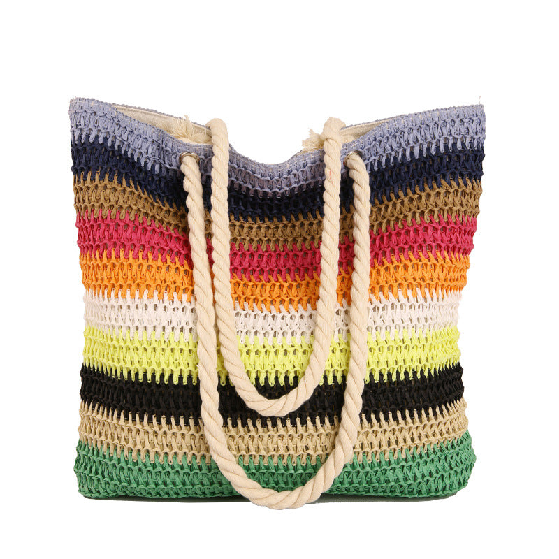 Striped Crochet Beach Tote with Rope Handles and Lined Interior Bowlift