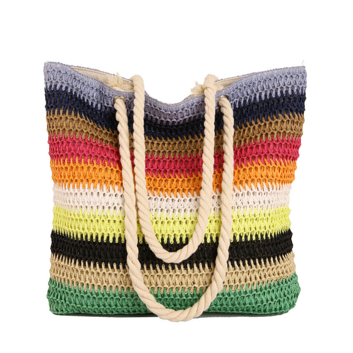Striped Crochet Beach Tote with Rope Handles and Lined Interior Bowlift