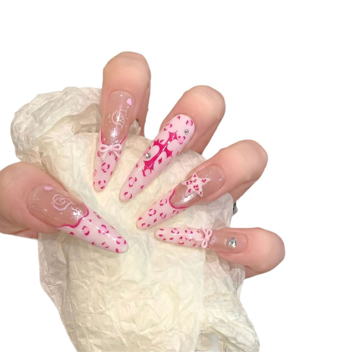 Artistic Stiletto Press-On Nail Set with Heart and Bow Design Bowlift