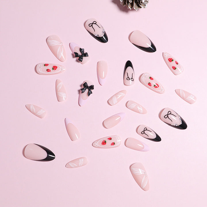 Artistic Press-On Nail Set with Bow and Berry Design Bowlift