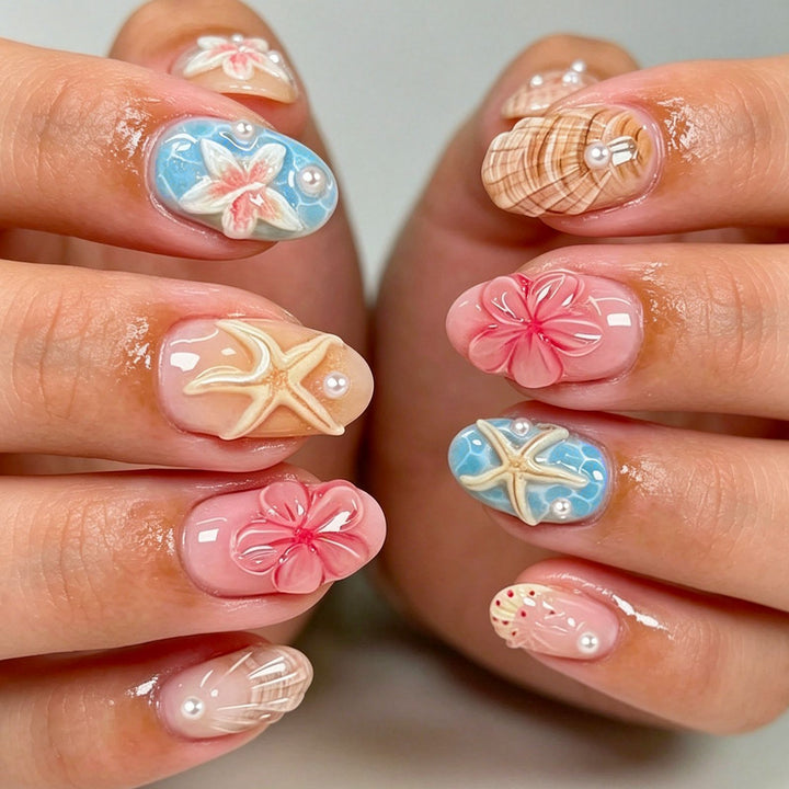 Coastal-Themed Press-On Nail Art Set Bowlift