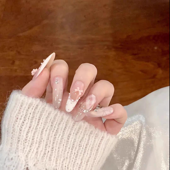 Premium Artistic Press-On Nail Set with Glittering Floral Accents Bowlift