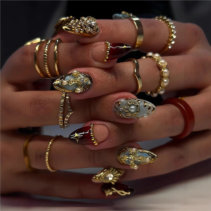 Artistic Decorative Press-On Nail Set with Gemstone and Pearl Accents Bowlift