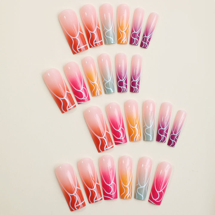 Artistic Press-On Nail Set with Gradient Swirl Designs Bowlift