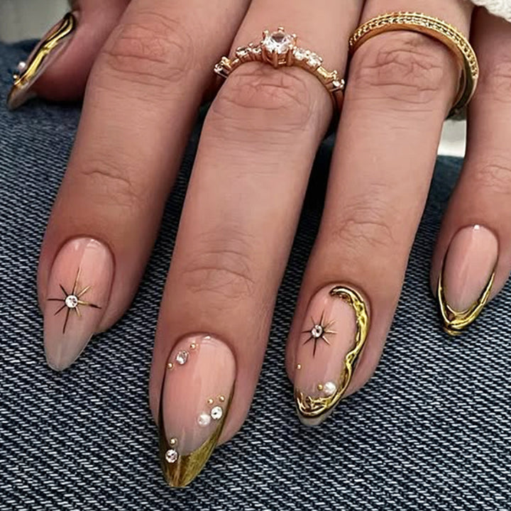 Decorative Press-On Nail Art Set with Gold Accents Bowlift