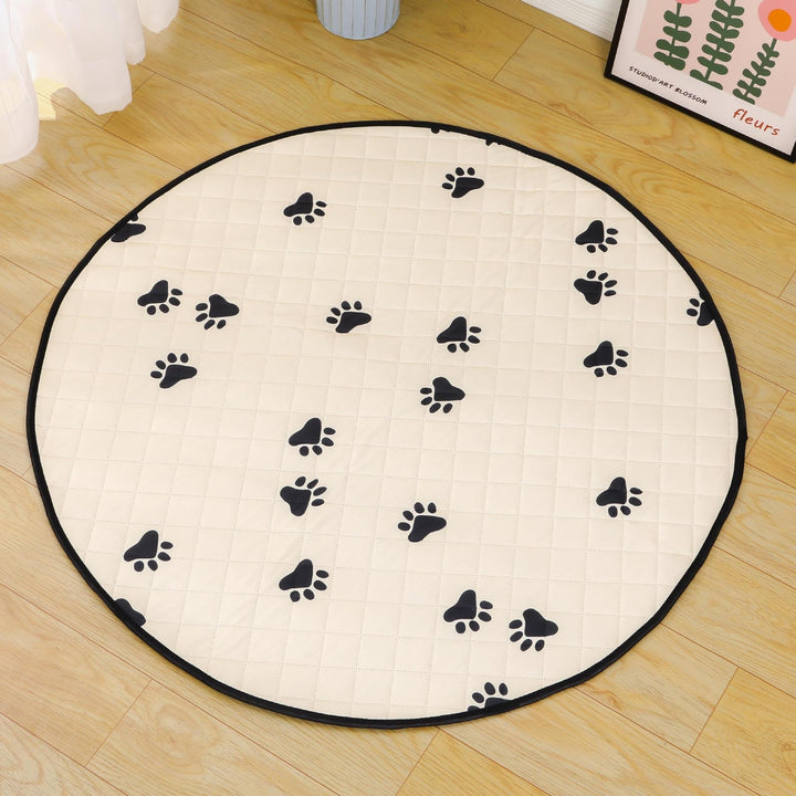 Round Quilted Pet Mat With Paw-Print Non-Slip Underside Bowlift