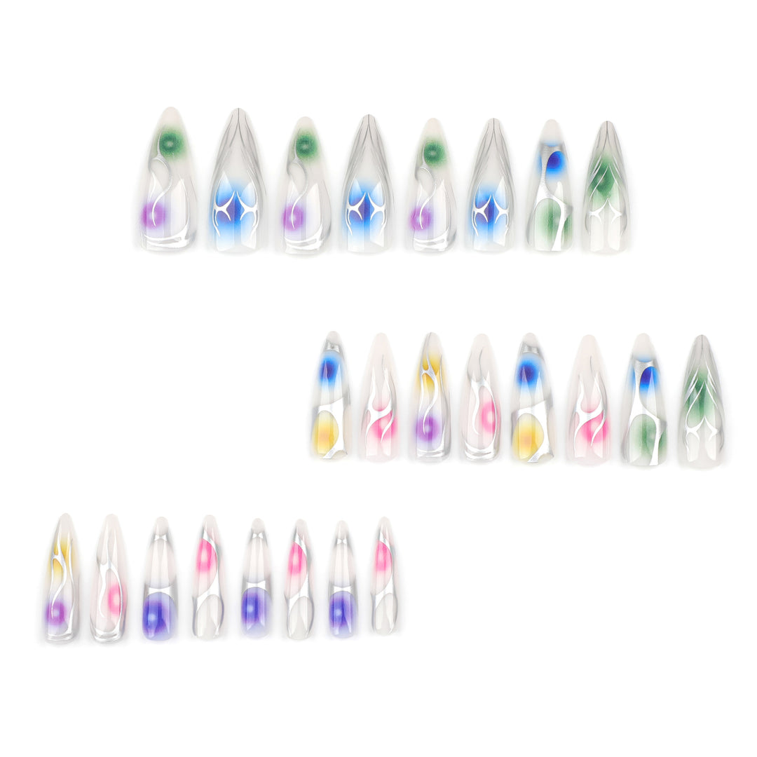Artful stiletto nails with transparent design and colorful accents Bowlift