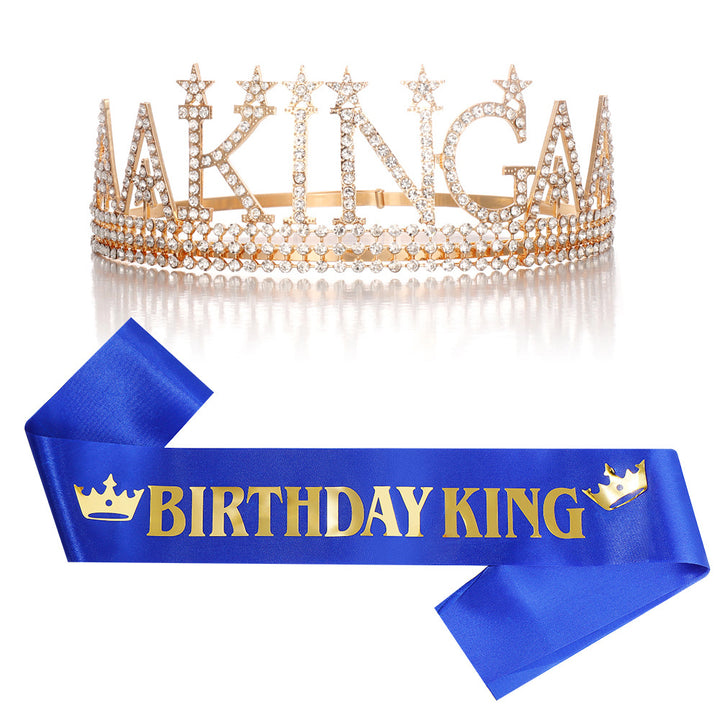 Ladies Glittering Birthday Crown with a Regal "Birthday King" Sash Set Bowlift