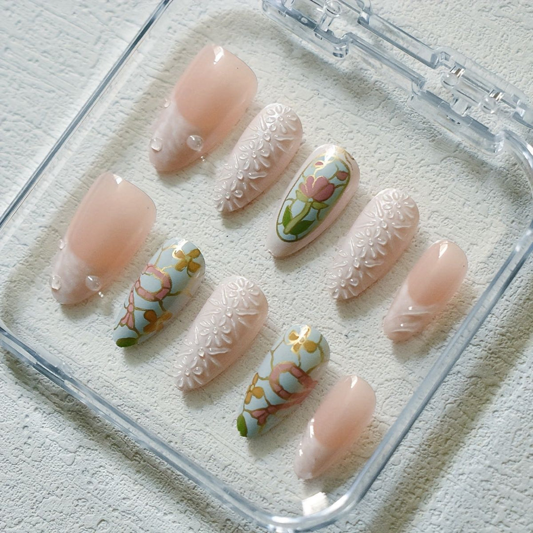 Artistic Floral and Gemstone Press-On Nail Set Bowlift