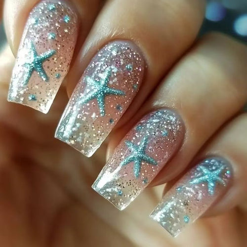 Glittering artificial nails with maritime star motif Bowlift