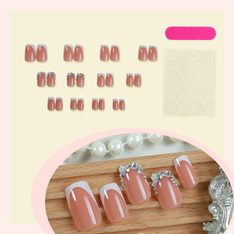 Decorative French Tip Press-On Nail Set with Rhinestone Accents Bowlift
