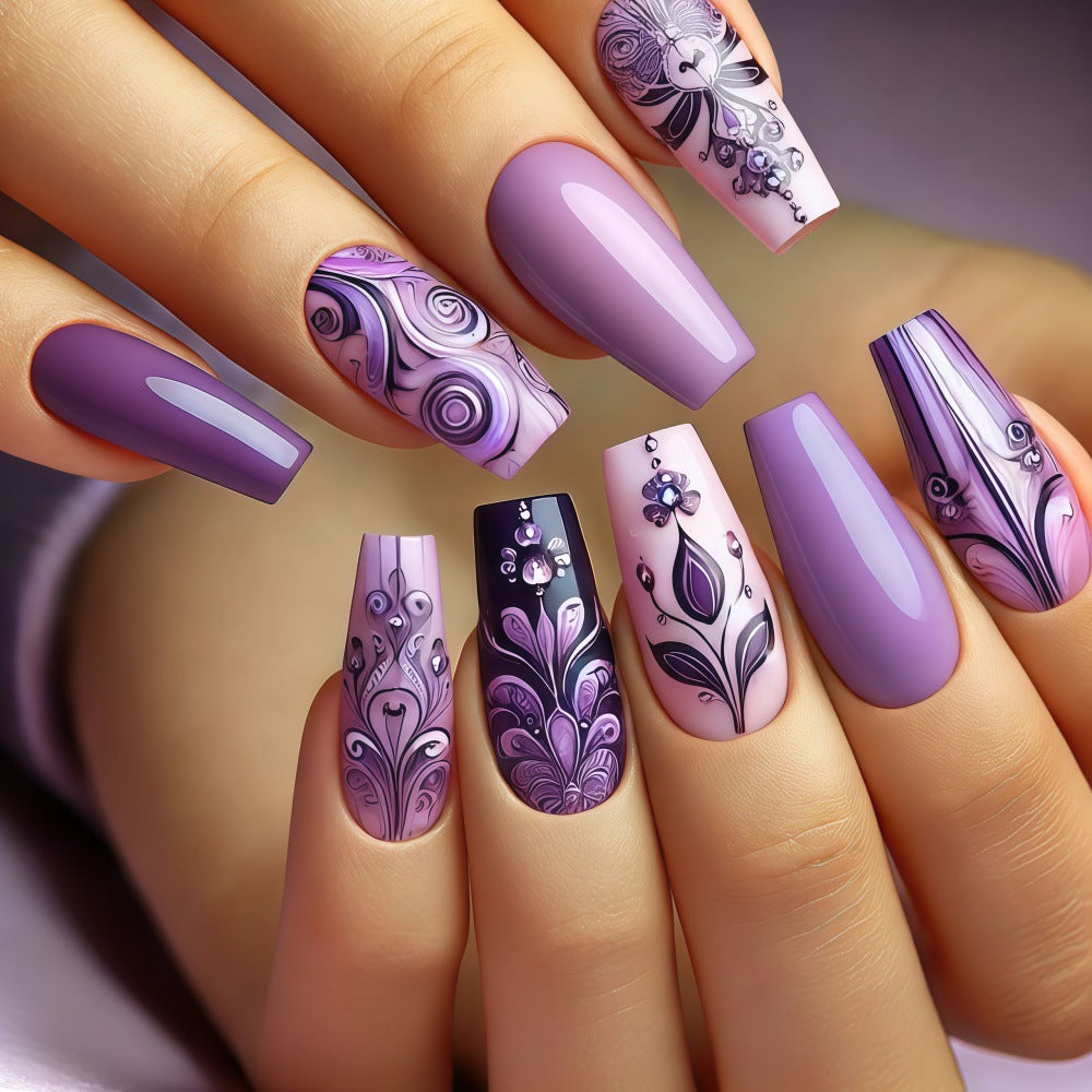 Artificial nails with intricate purple pattern Bowlift