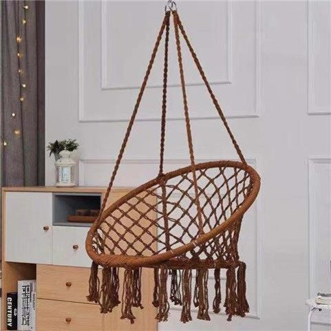 Macrame hanging chair with complete ceiling mounting kit and decorative tassel fringe Bowlift