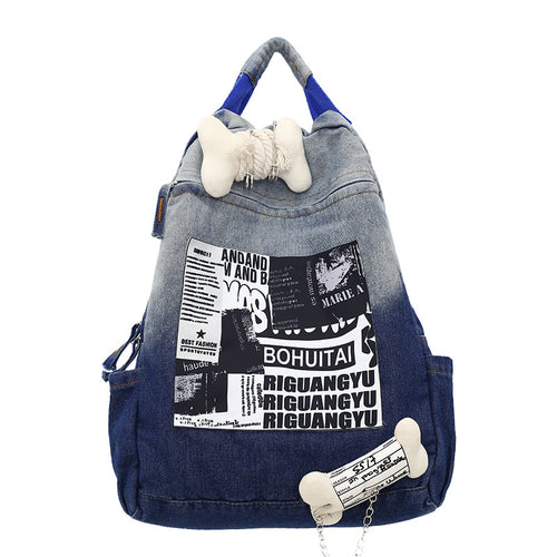 Creative Graphic Print Denim School Backpack Bowlift