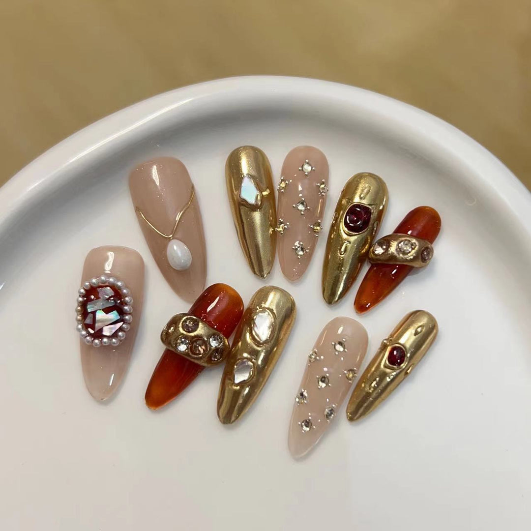 Artistic Press-On Nail Set with Luxury Gemstone Accents Bowlift