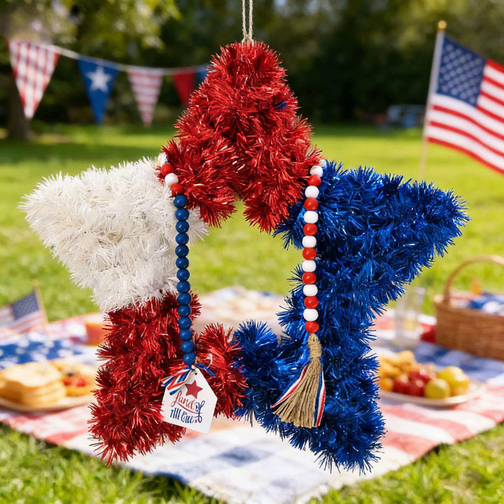 Unisex nan patriotic star door wreath made of artificial tinsel with wooden bead tassel and hanging pendant Bowlift