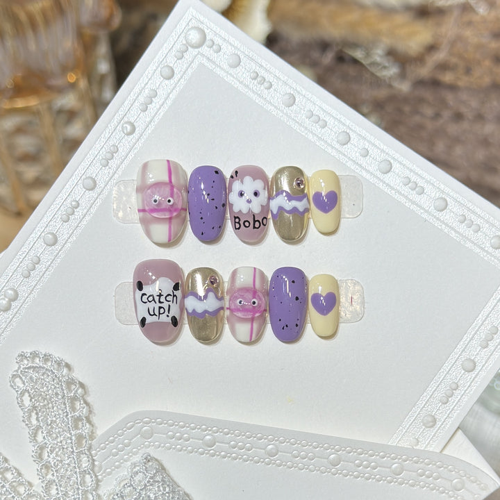 Playful Cartoon-Themed Press-On Nail Art Set Bowlift