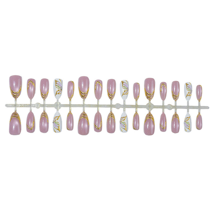 Elegant Press-On Nail Art Set with Golden Accents Bowlift