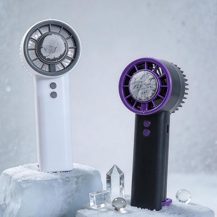 Unisex portable handheld fan with mist spray, USB charging function, foldable stand and rechargeable battery Bowlift