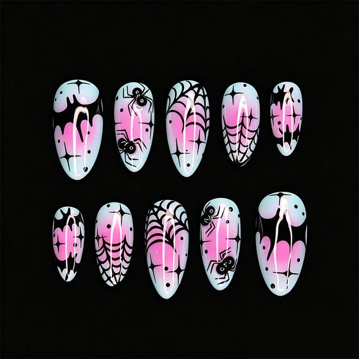 Creative nail art set with creepy spider design and colorful pattern Bowlift