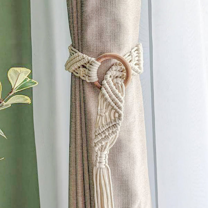 Macrame Curtain Tieback with Wooden Ring Bowlift