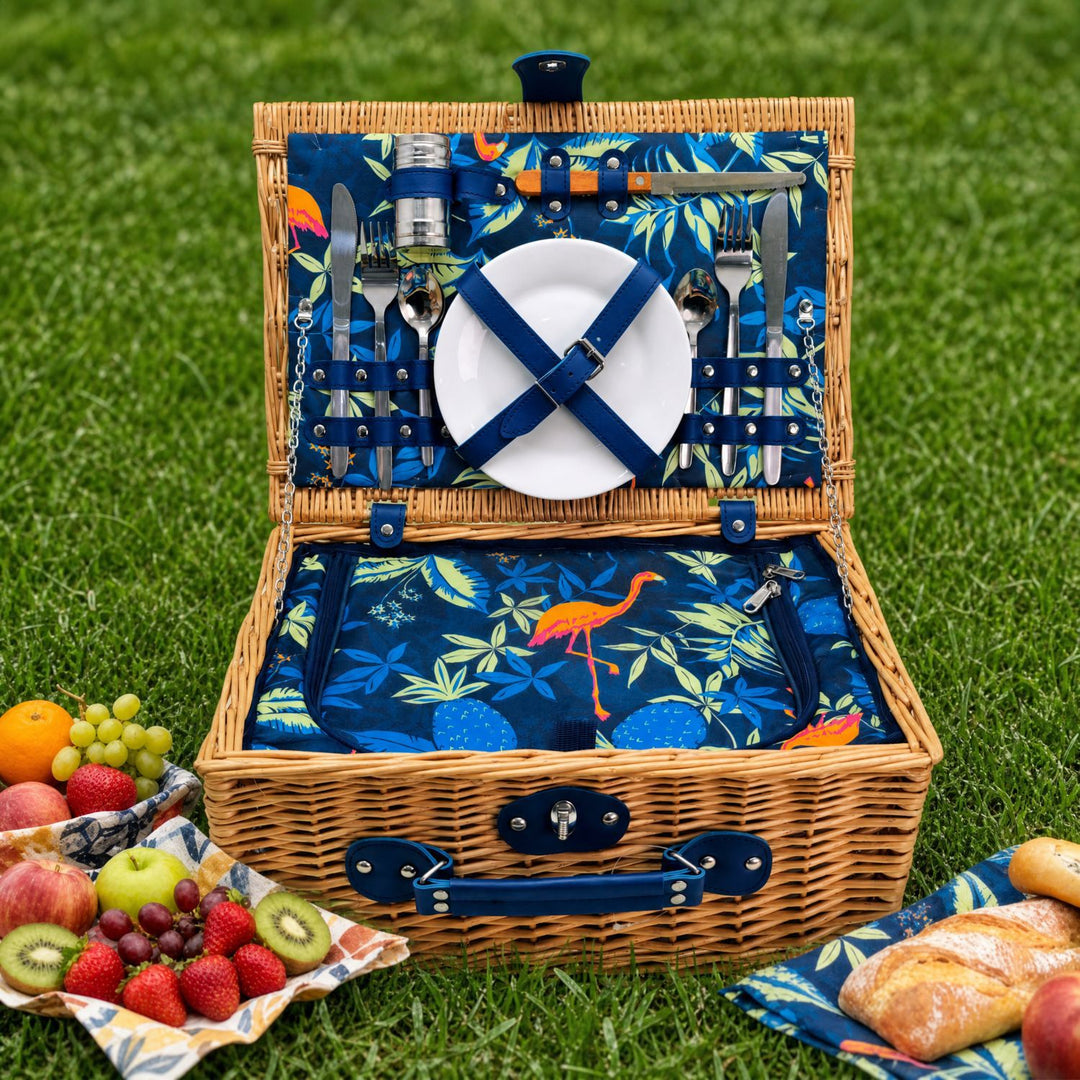 Ladies luxurious picnic basket with integrated crockery set and insulated cooler compartment Bowlift