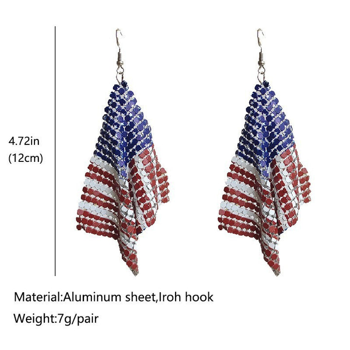 Women's long flexible rhinestone mesh earrings in American flag design with fishhook Bowlift