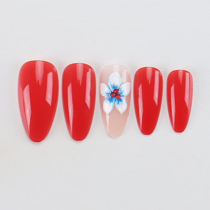 Artistic Press-On Nail Set with Floral Embellishments Bowlift
