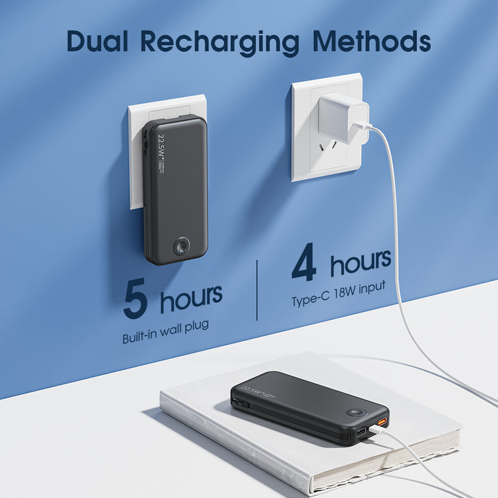 Powerbank with Integrated Wall Plug and Dual Charging Function Bowlift