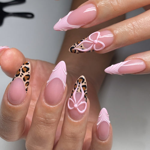 Acrylic Nail Set with Creative Leopard and Bow Accents Bowlift