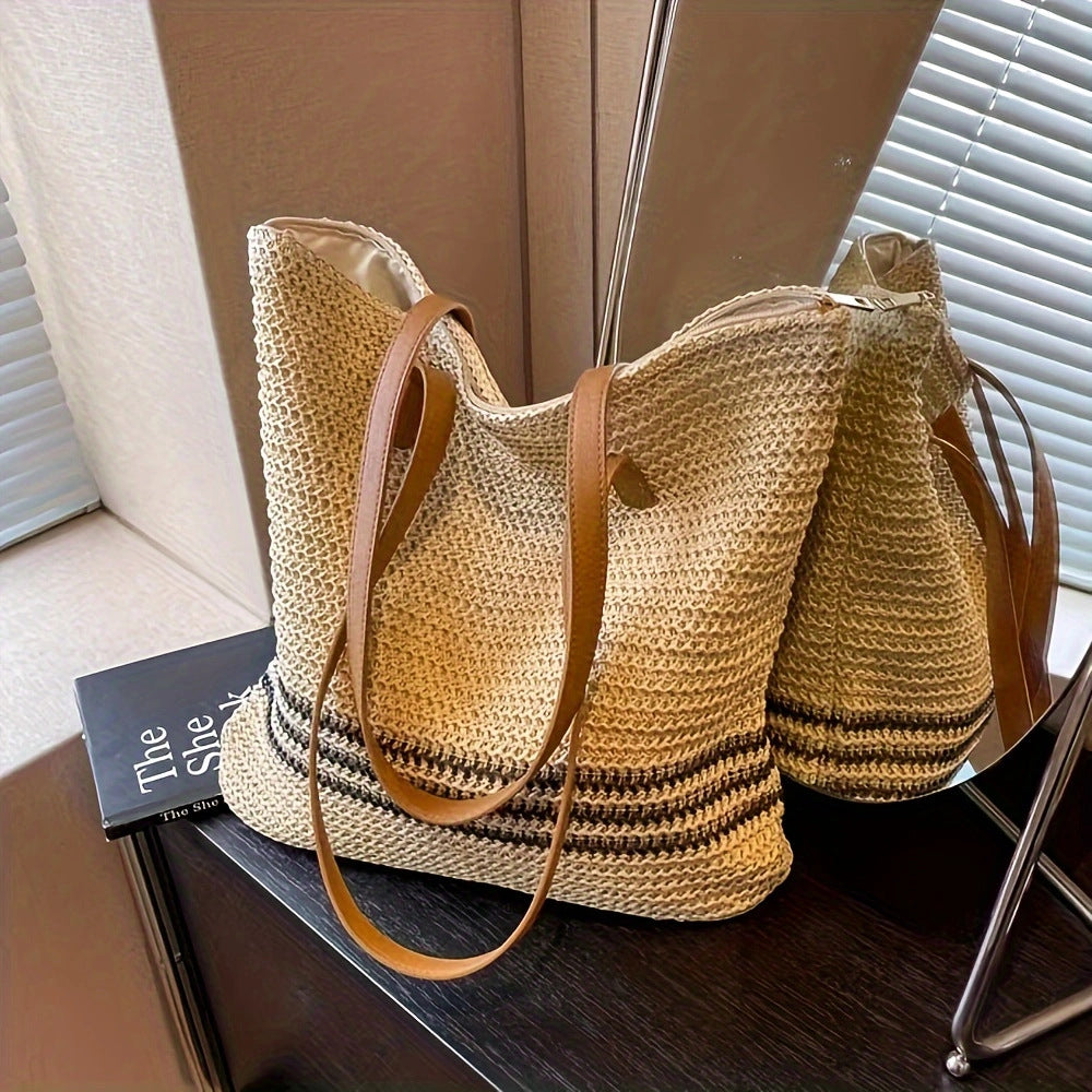 Versatile straw tote bag with leather handles Bowlift