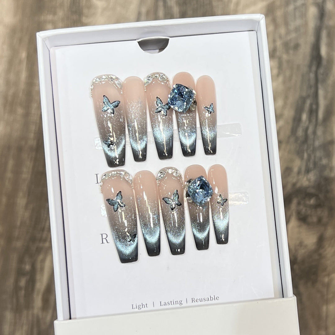 Artistic Ombre Press-On Nail Art Set with Butterfly and Gemstone Accents Bowlift