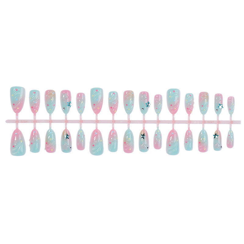Artistic Press-On Nail Set with Star and Wave Design Bowlift