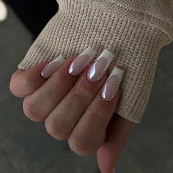 Elegant Nail Extensions with High Gloss Finish and Precise French Tip Bowlift