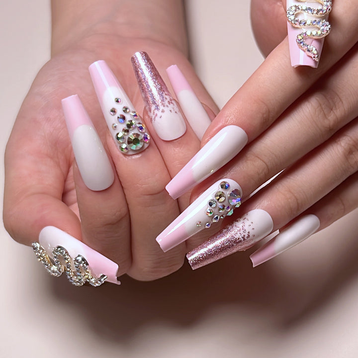 Artful Nail Extensions with Glitter and Rhinestone Decorations Bowlift