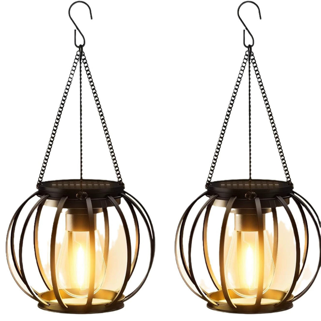 Solar Hanging Outdoor Lanterns With Vintage-Style LED Filament Bulb And Metal Cage Waterproof Suspension Bowlift