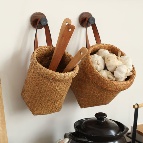 Handwoven Natural Storage Bin with Leather Trim Bowlift
