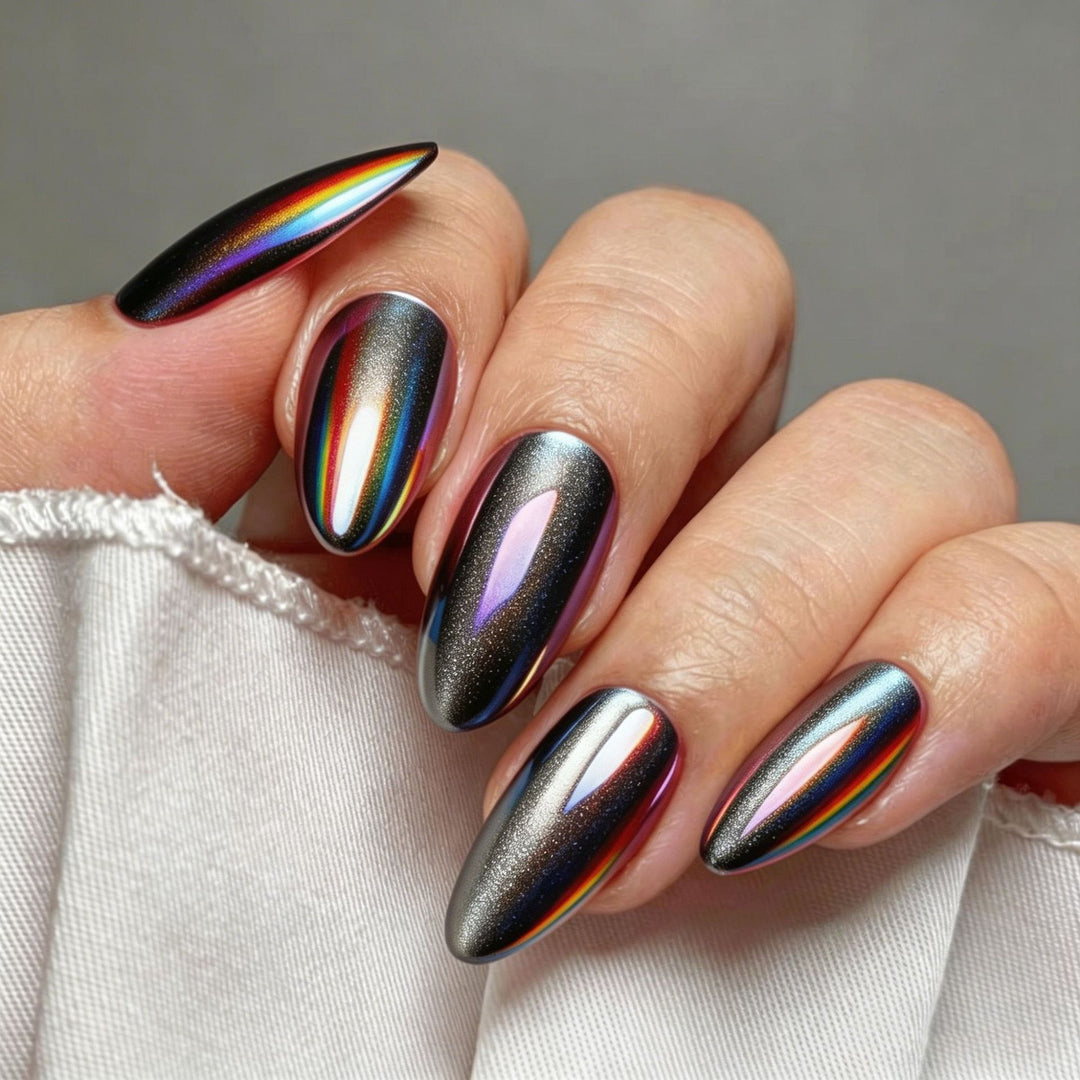 Glossy Artificial Nails in Futuristic Style Bowlift