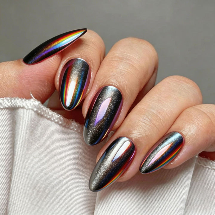 Glossy Artificial Nails in Futuristic Style Bowlift