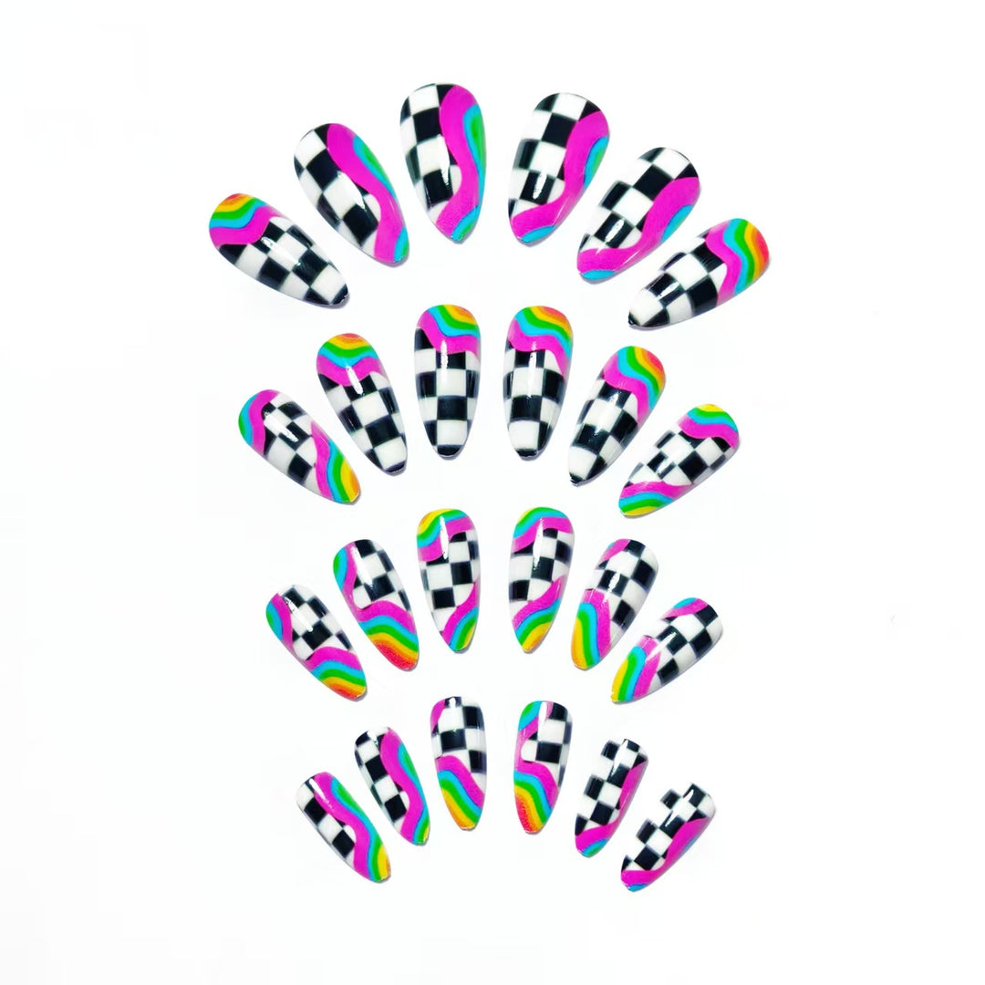 Creative artificial nails with colorful wave and checkerboard design Bowlift