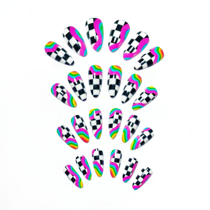Creative artificial nails with colorful wave and checkerboard design Bowlift