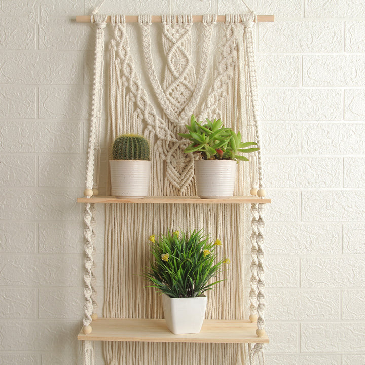 Decorative Macramé Wall Shelf with Dual Plant Holders Bowlift