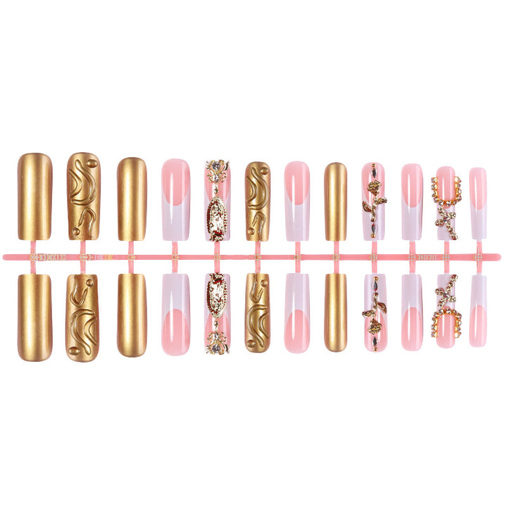 Decorative Press-On Nail Set with Stylish Gold Accents Bowlift