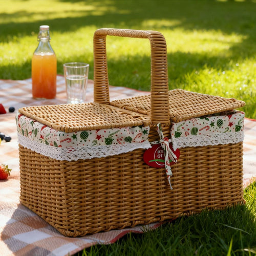 Ladies picnic basket with double compartment and decorative fabric trim Bowlift