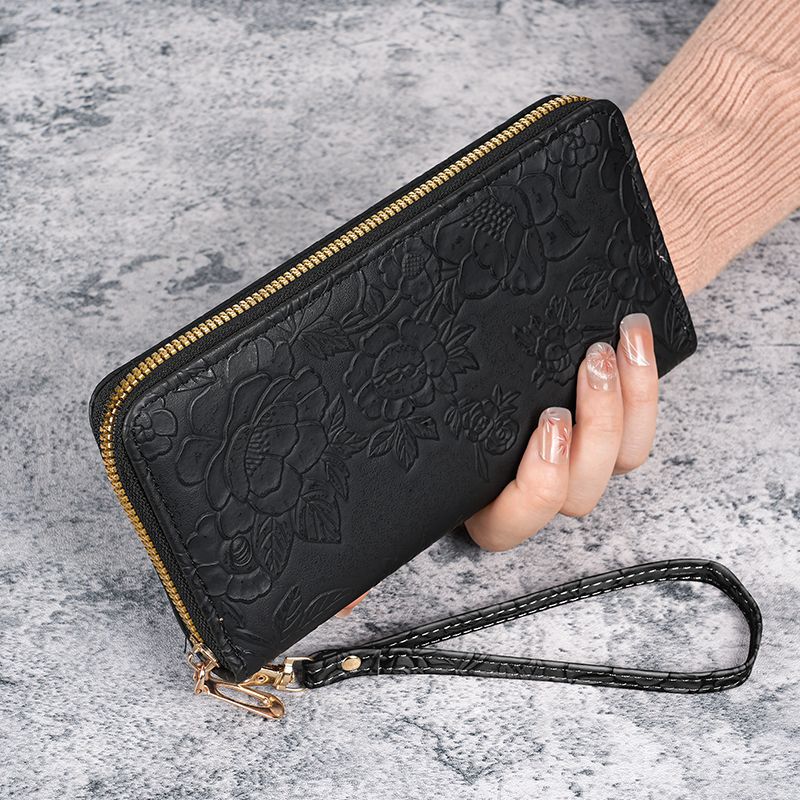 Embossed Floral Zip-Around Wristlet Wallet with Detachable Strap Bowlift