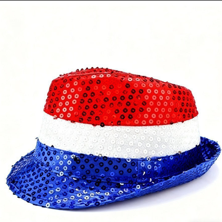 Unisex nan Tall Velvet Patriotic Top Hat with Star Band and Wide Brim Bowlift