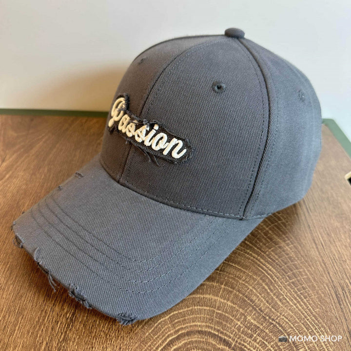 Women's Distressed Cotton Baseball Cap with Embroidered Quote Bowlift